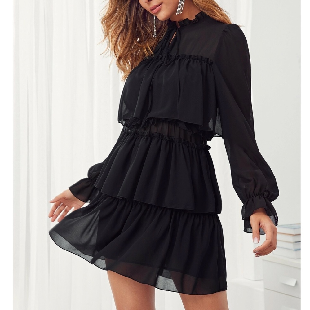 Classic Black Puff Long Sleeve Ruffle Party Evening Dress - Picture 4 of 5